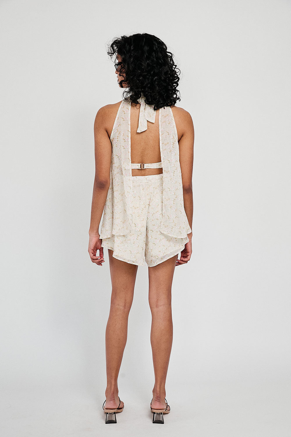 Stylish Floral Cream Kinslee Halter Top with Metallic Stripes
