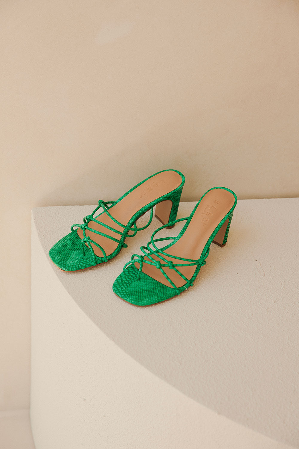 Green Textured Vegan Croc Skin Strappy Amalia Heels