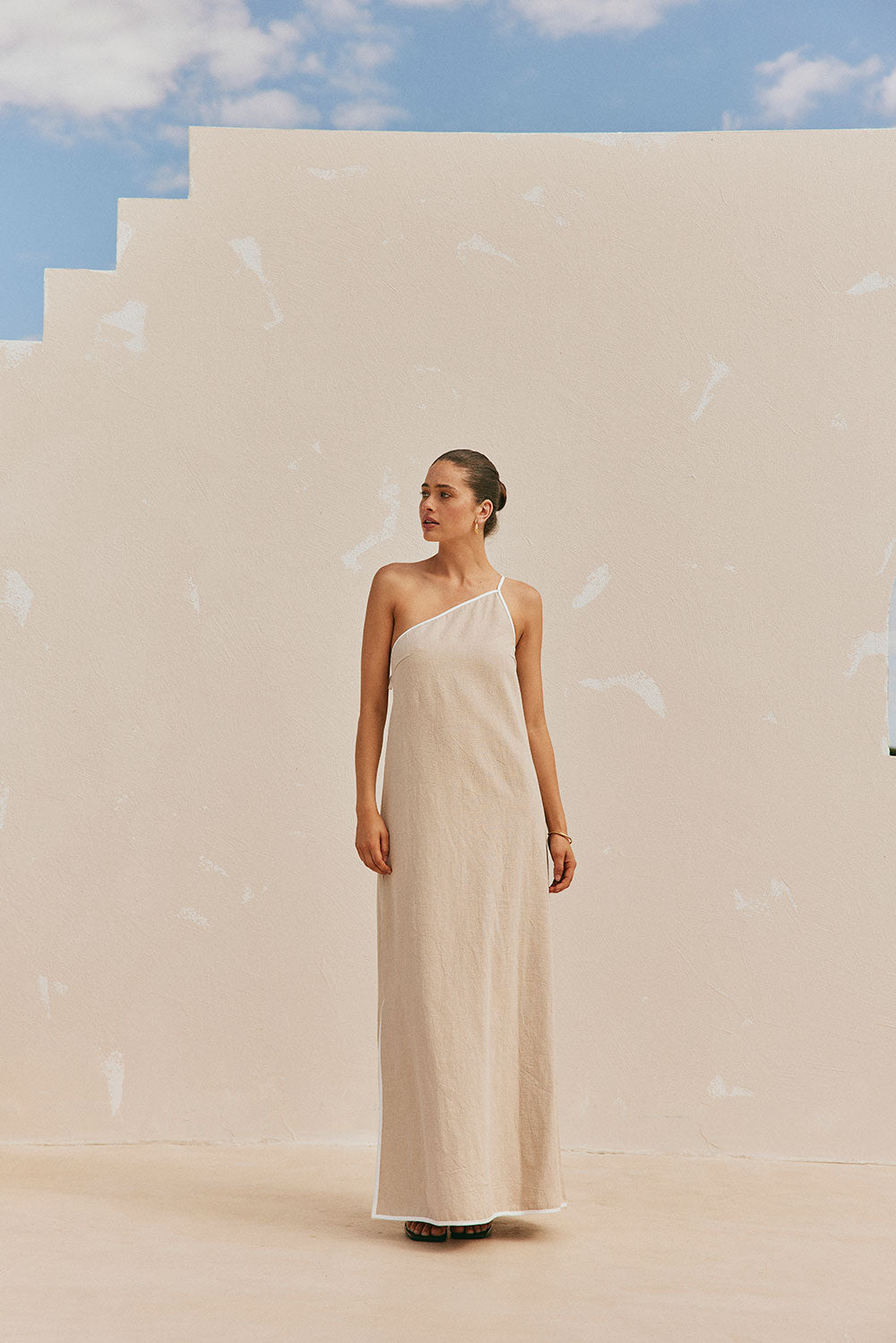 Elegant One-Shoulder Jayden Maxi Dress in Natural Linen