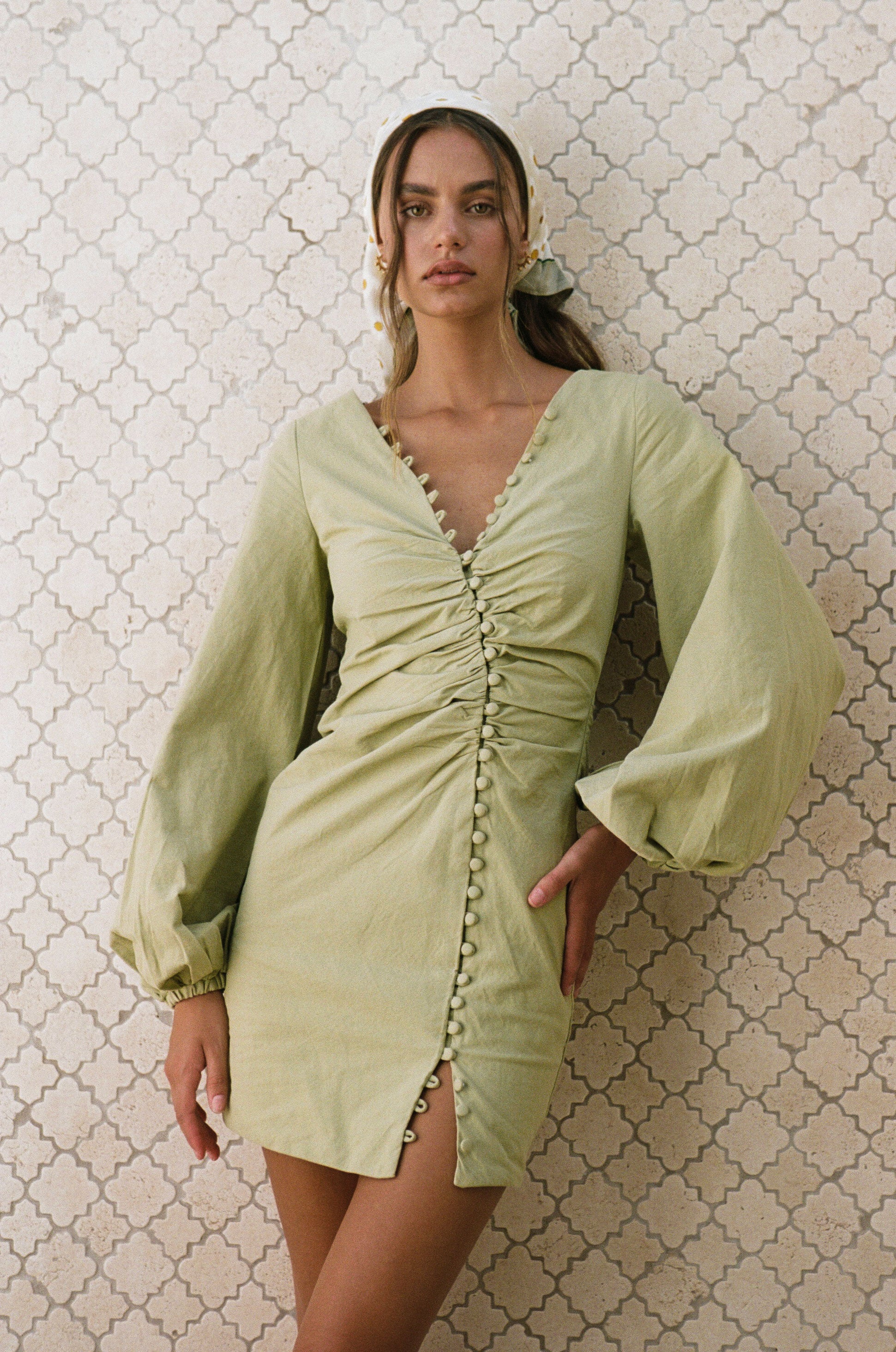 Unique Minna Button Dress in Moss Green with Distinctive Style