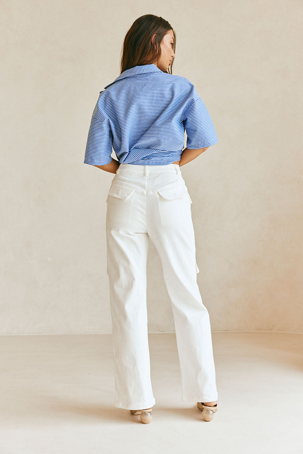 Exclusively Designed White High - Waisted Structured Cotton Denim Allani Pants
