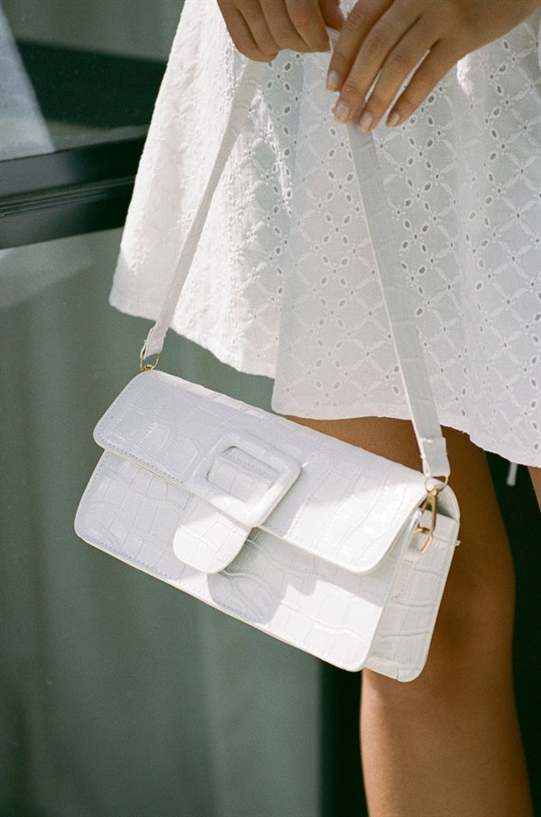 Stylish Off - White Vegan Croc Skin Kumi Handbag