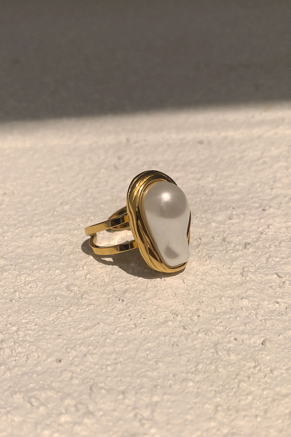 Exquisite Adjustable Gold - Toned Twin - Band Gaia Ring with Bold Vegan Pearl and Gold Border