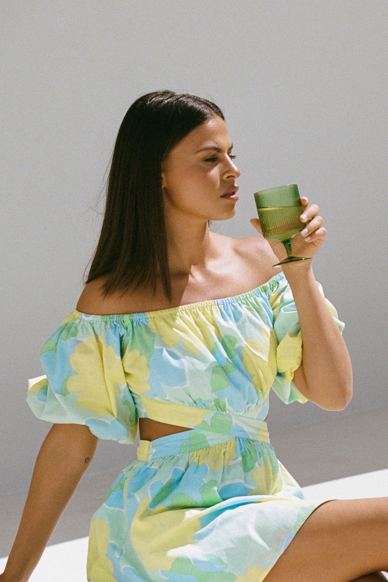 Stylish Blake Off - the - Shoulder Women's Dress with Flutter Green Print