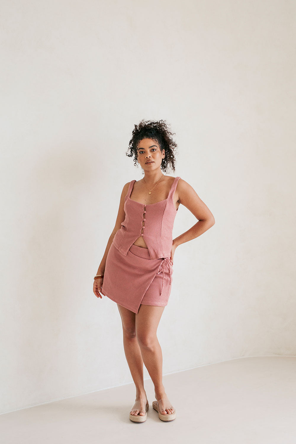 Musky Pink Cotton Blend Waffle Emilee Top for Fashionable Wear
