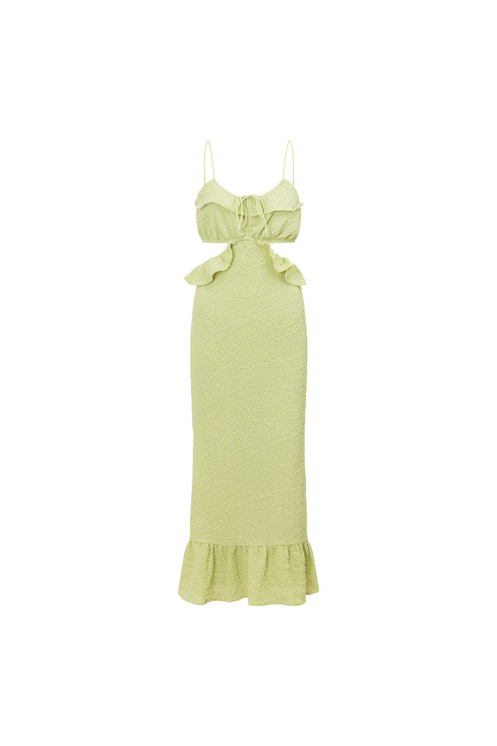 Stunning Green Textured Bubble Fabric Junelle Midi Dress with Frills