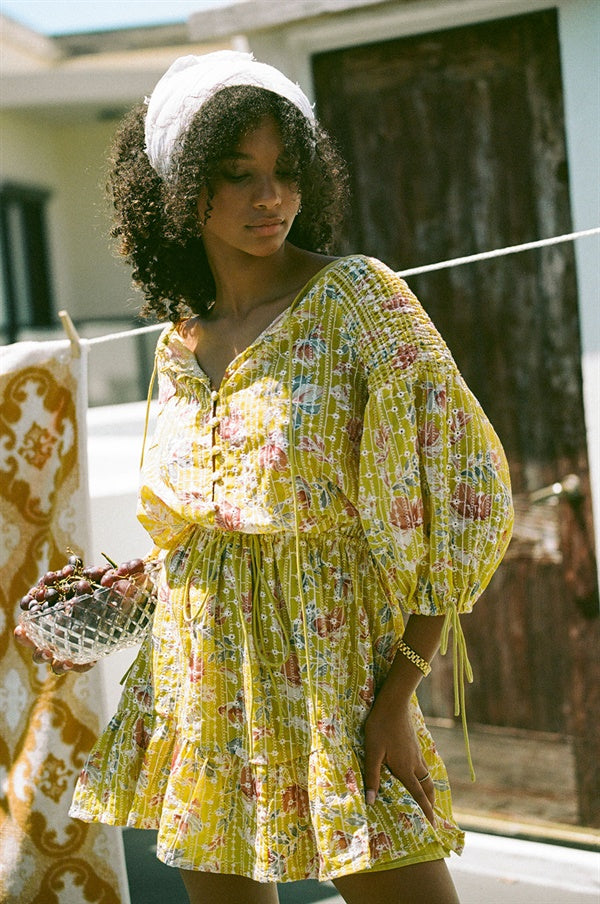Autumn Mustard Floral Anouk Dress with Contrast Embroidery