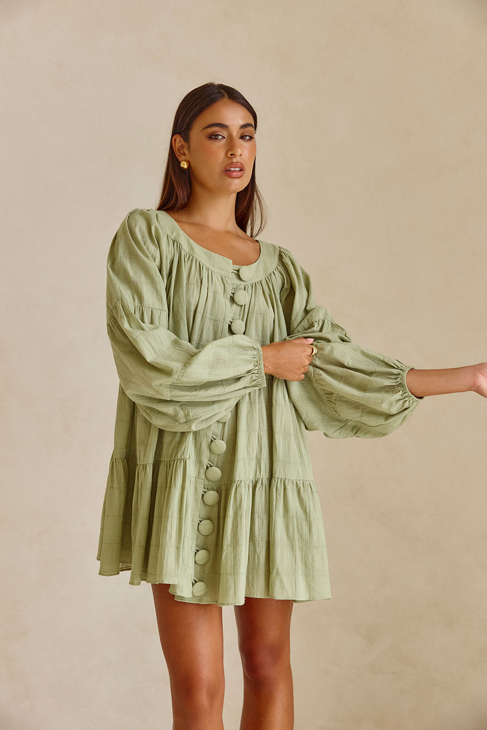 Soft Green Natural Cotton Self Check Stylish Mini East Dress