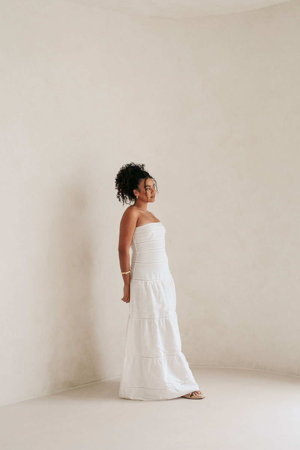 Exclusively Designed Sabo White High - Quality Cotton Cheesecloth Strapless Lyla Dress