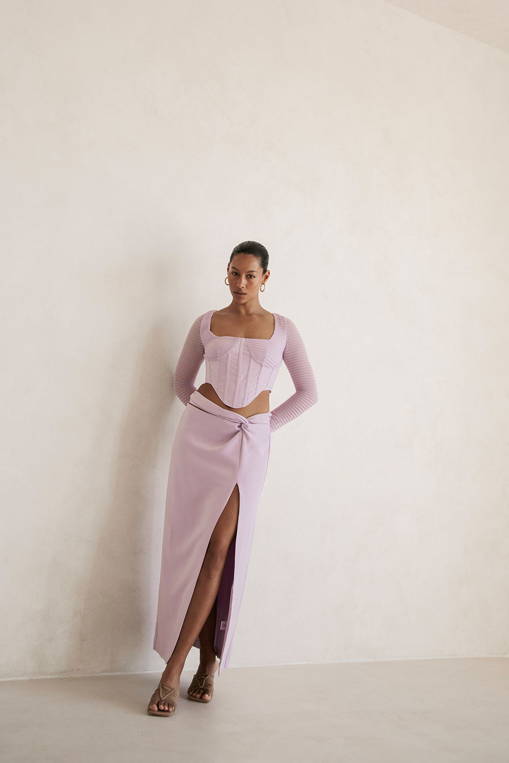 Stylish Lavender Vedrana Midi Skirt with Twist Detail