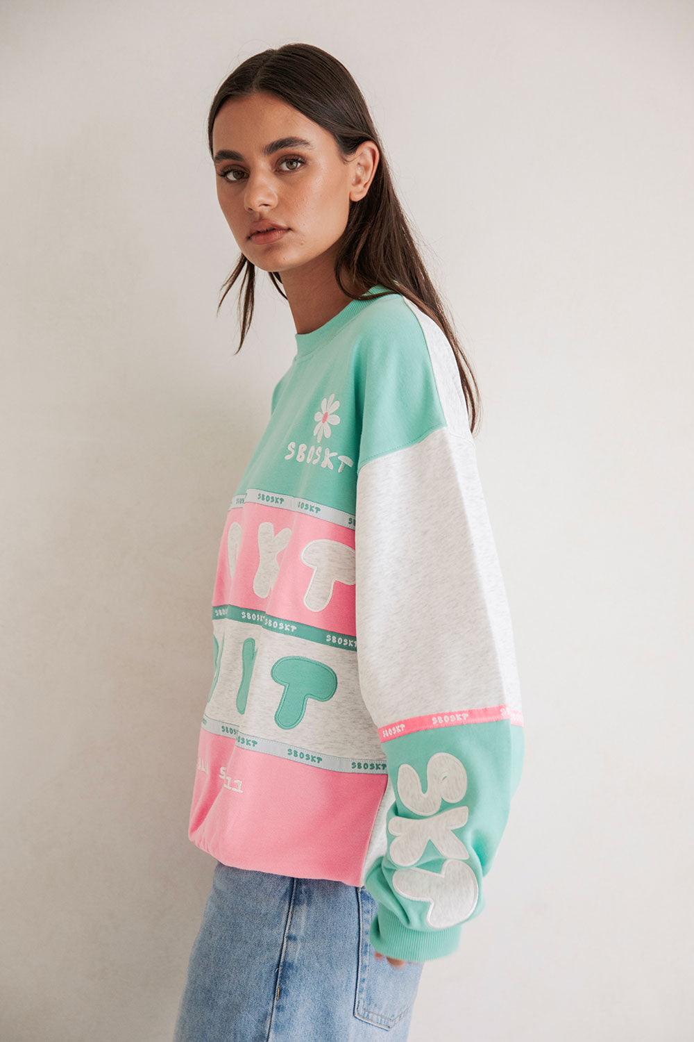 Exclusive Sabo-Designed Oversized Vintage Swisse Sweater in Marl Grey, Green & Pink