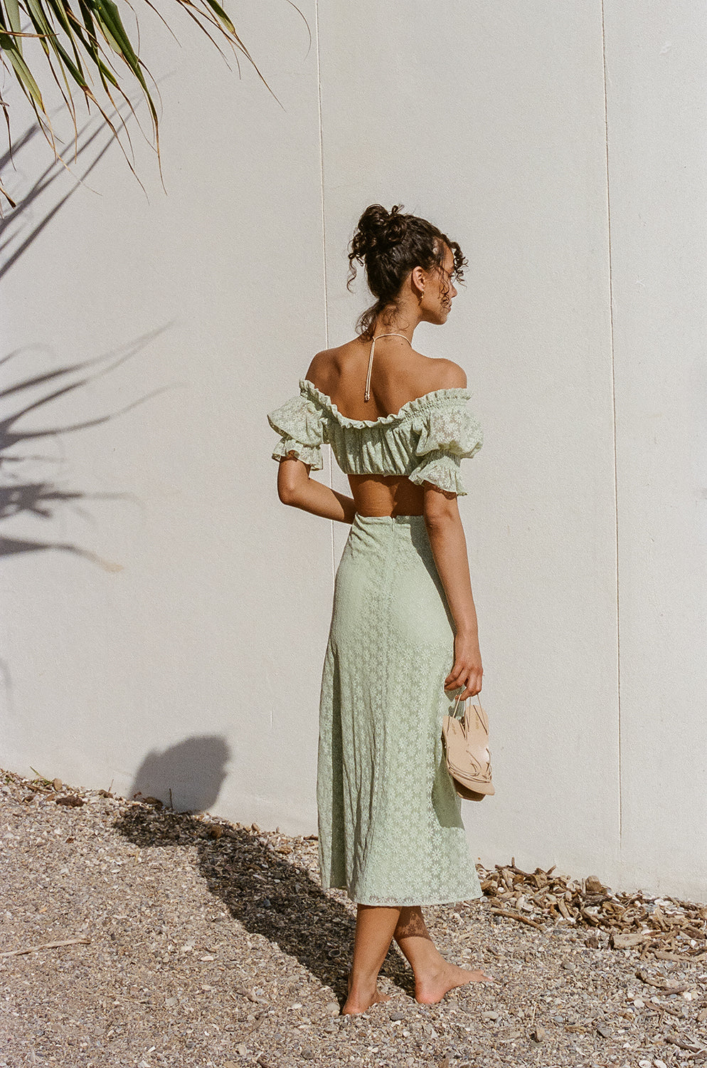 Mint Hue Soft Lace Off Shoulder Frill Detailing Midi Amelda Dress