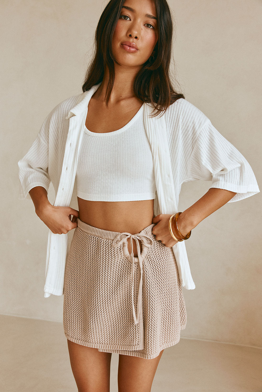 Chocolate - Inspired Priya Summer High - Waisted Cotton Knit Mini Skirt
