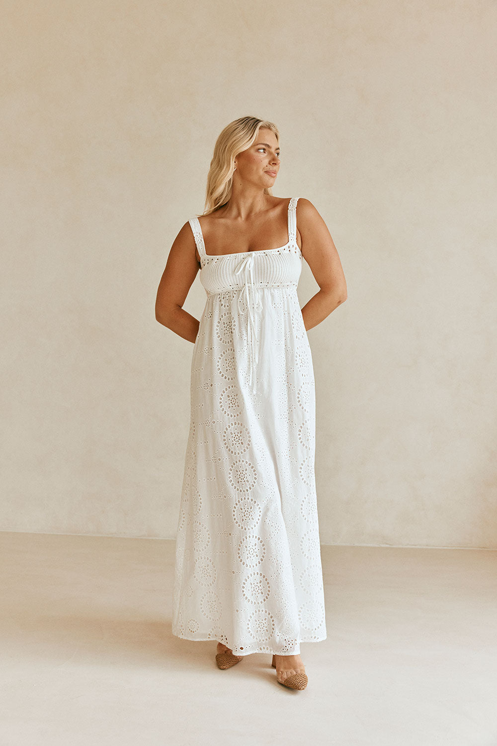 Feminine Vintage-Inspired White Cotton Gia Maxi Dress