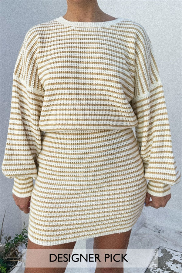 Stylish Cream-Hued Ribbed Kalia Dress with Tan Stripes