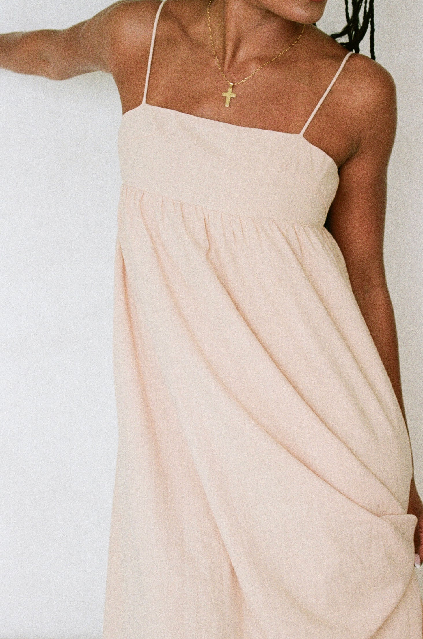 Stylish Tan Azaria Dress with Flowy Skirt and Thin Straps