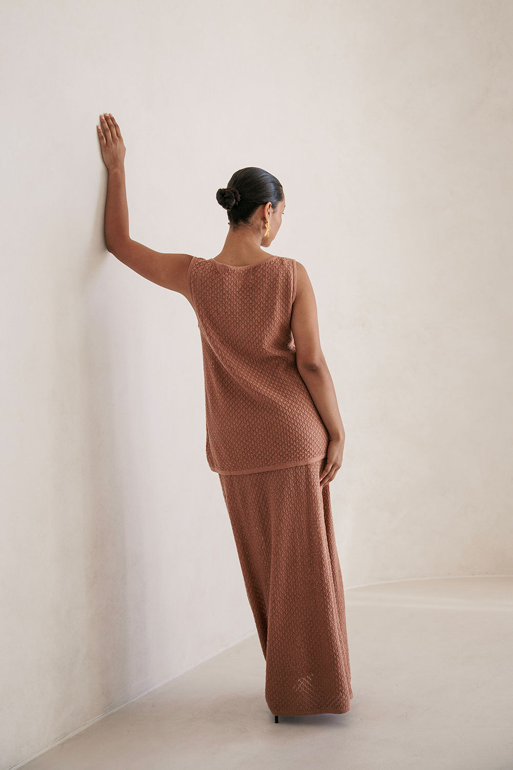 Tan Cotton Blend Pointelle Knit High Waisted Wrap Front Maxi Sonnet Skirt