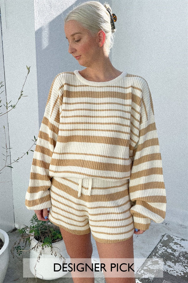 Mirai Women's Cream-colored Ribbed Knit Top with Tan Stripes and Puff Sleeves