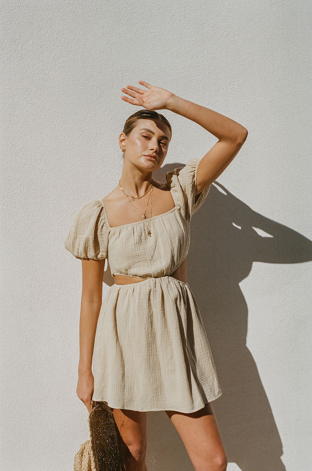 Exclusive Beige Natural Textured Cotton Amara Dress with Short Puff Sleeves