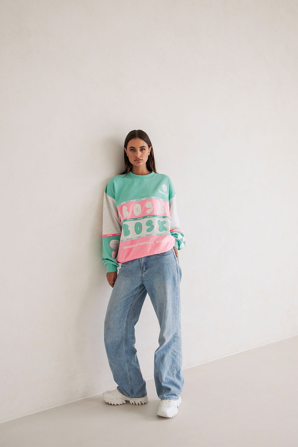 Exclusive Sabo-Designed Oversized Vintage Swisse Sweater in Marl Grey, Green & Pink