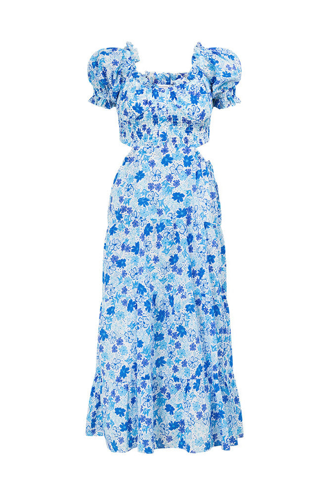 Exclusive Blue Dusk Floral Print Zara High - Quality Cotton Midi Dress