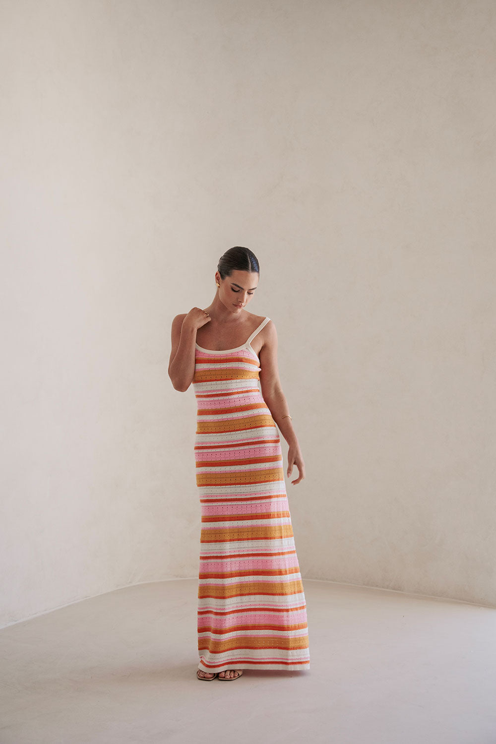 High - quality Natural Knit Amey Maxi Dress with Pink, Mustard, Red and White Panels