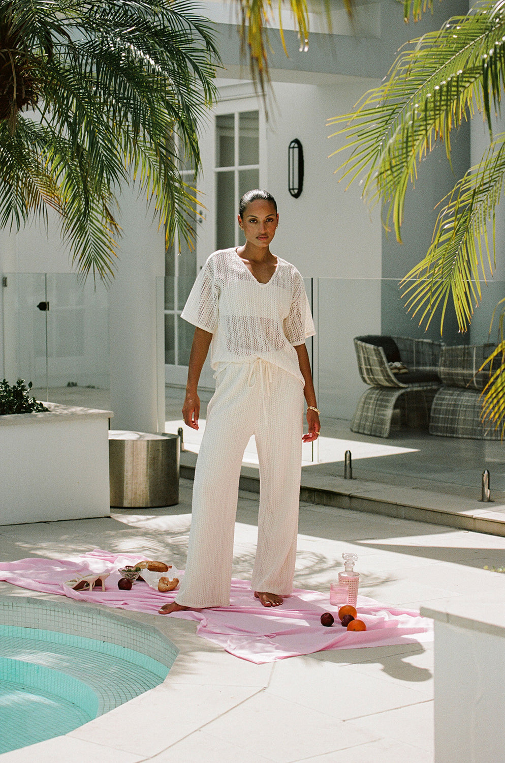 Luxurious Cream-hued Takito Woven Pants with Elasticated Waist