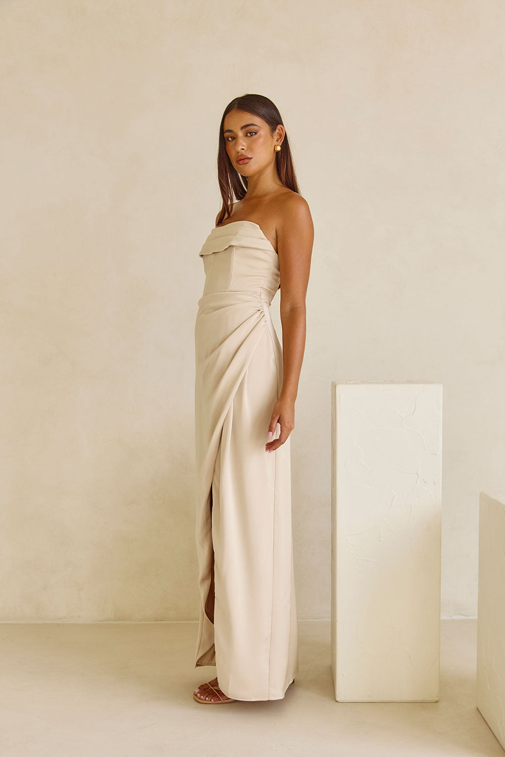Exquisite Champagne Matte Silk Pela Midi Dress for Formal Events