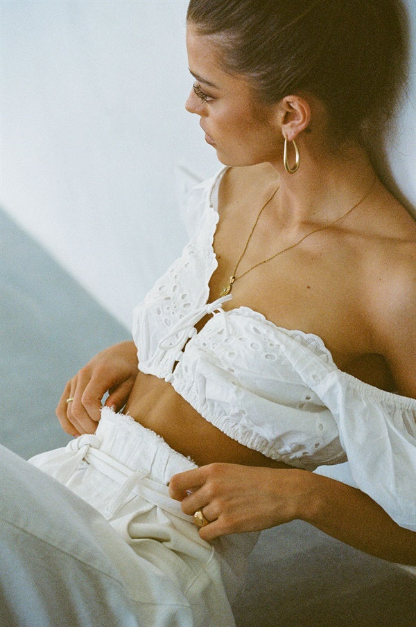 Exquisite White Natural Cotton Zelita Top with Unique Detailing