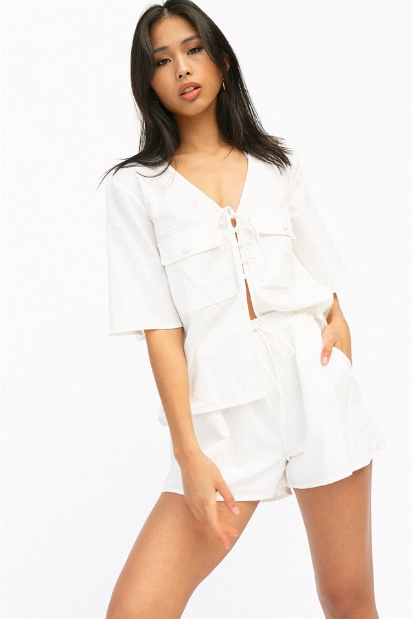 Elegant Off-White Linen Everley High-Waisted Shorts