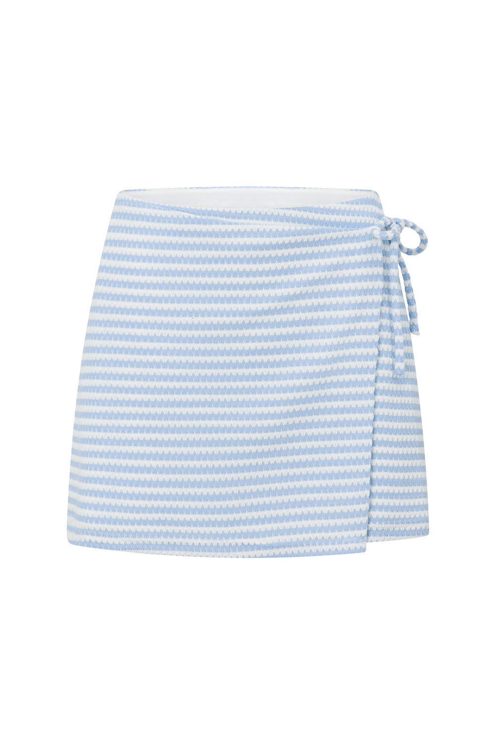 Sabo's Exclusively Designed Lightweight Knitted Baby Blue & White Striped Mini Wrap High-Waist Cassie Skirt