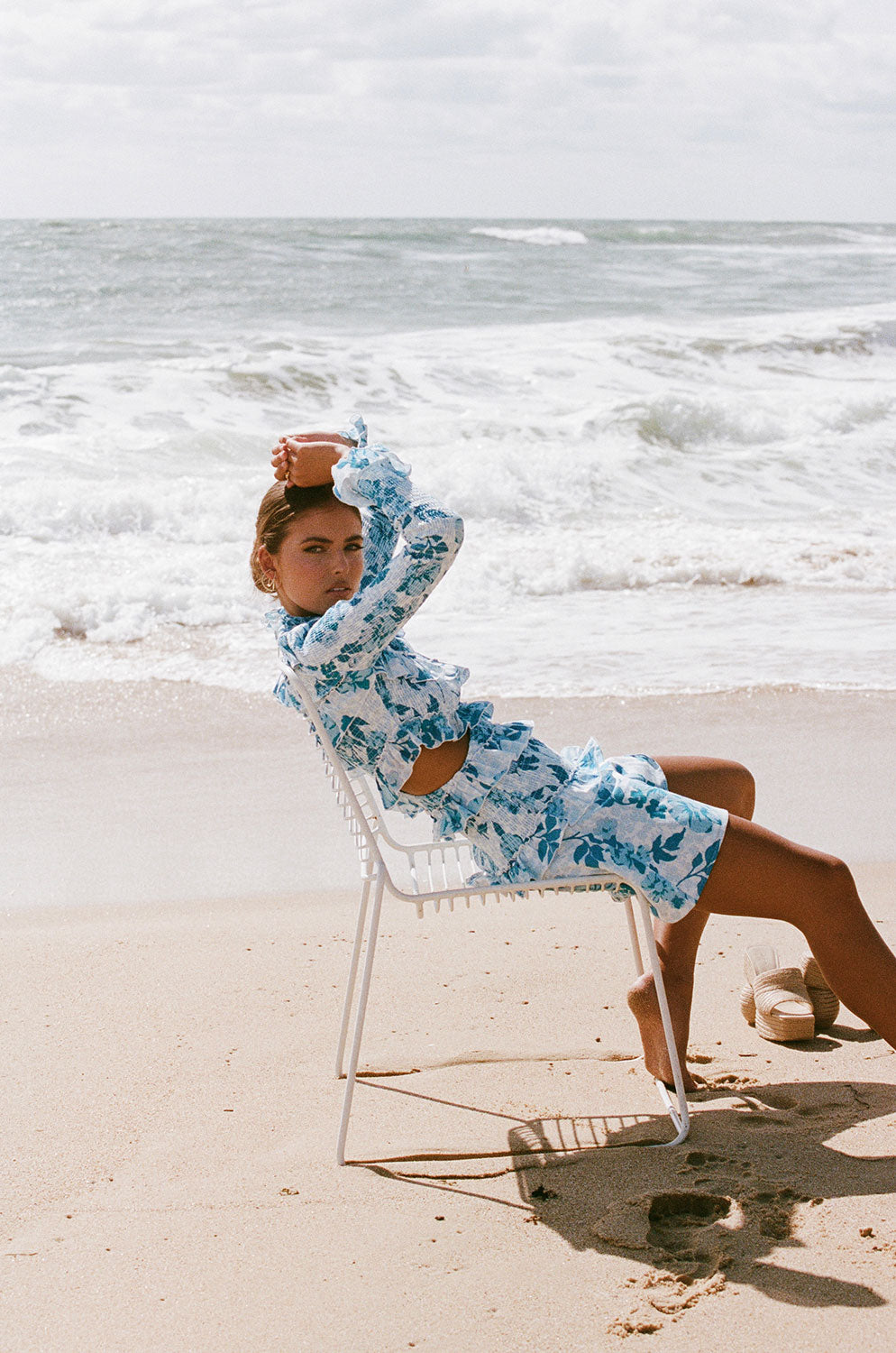 Elegant Rozalia Frilled Women's Dress with Azure Flora Print