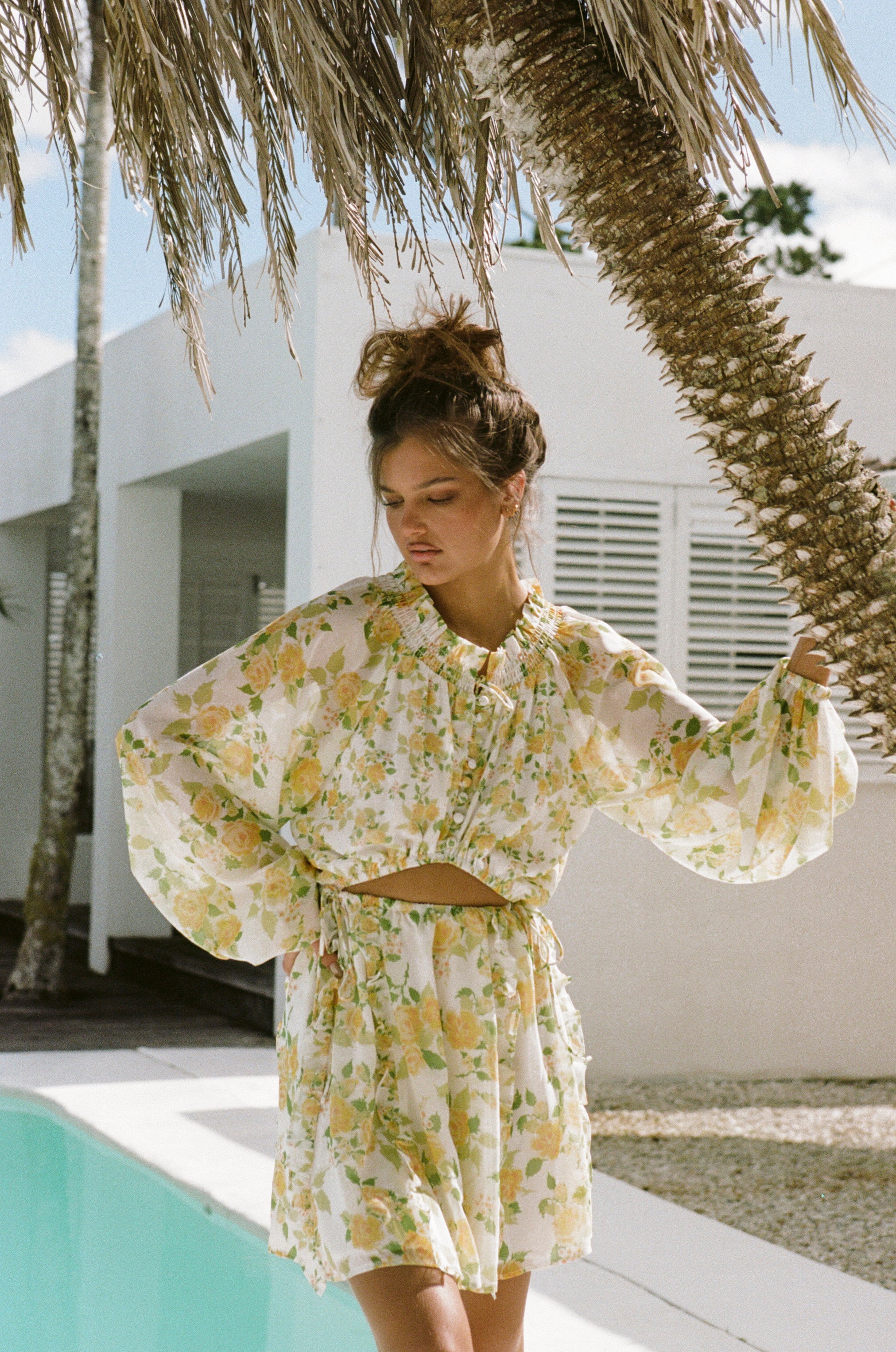 Exquisite Dusty Lemon Floral Inez Cutout Chiffon Dress
