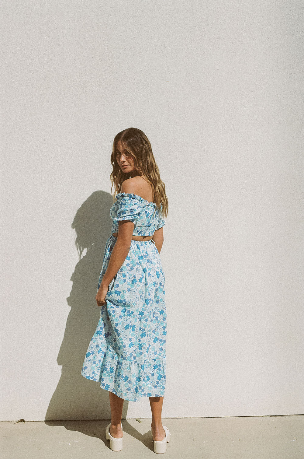 Exclusive Blue Dusk Floral Print Zara High - Quality Cotton Midi Dress
