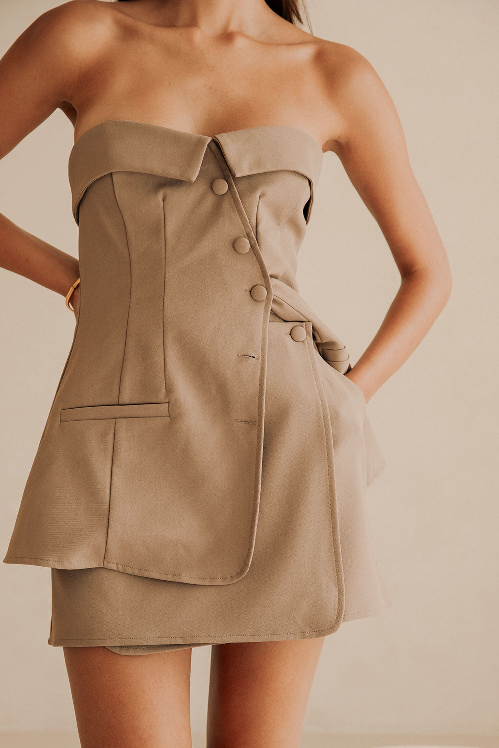 Tan Suiting Strapless Lavara Top with Unique Wrap and Pockets