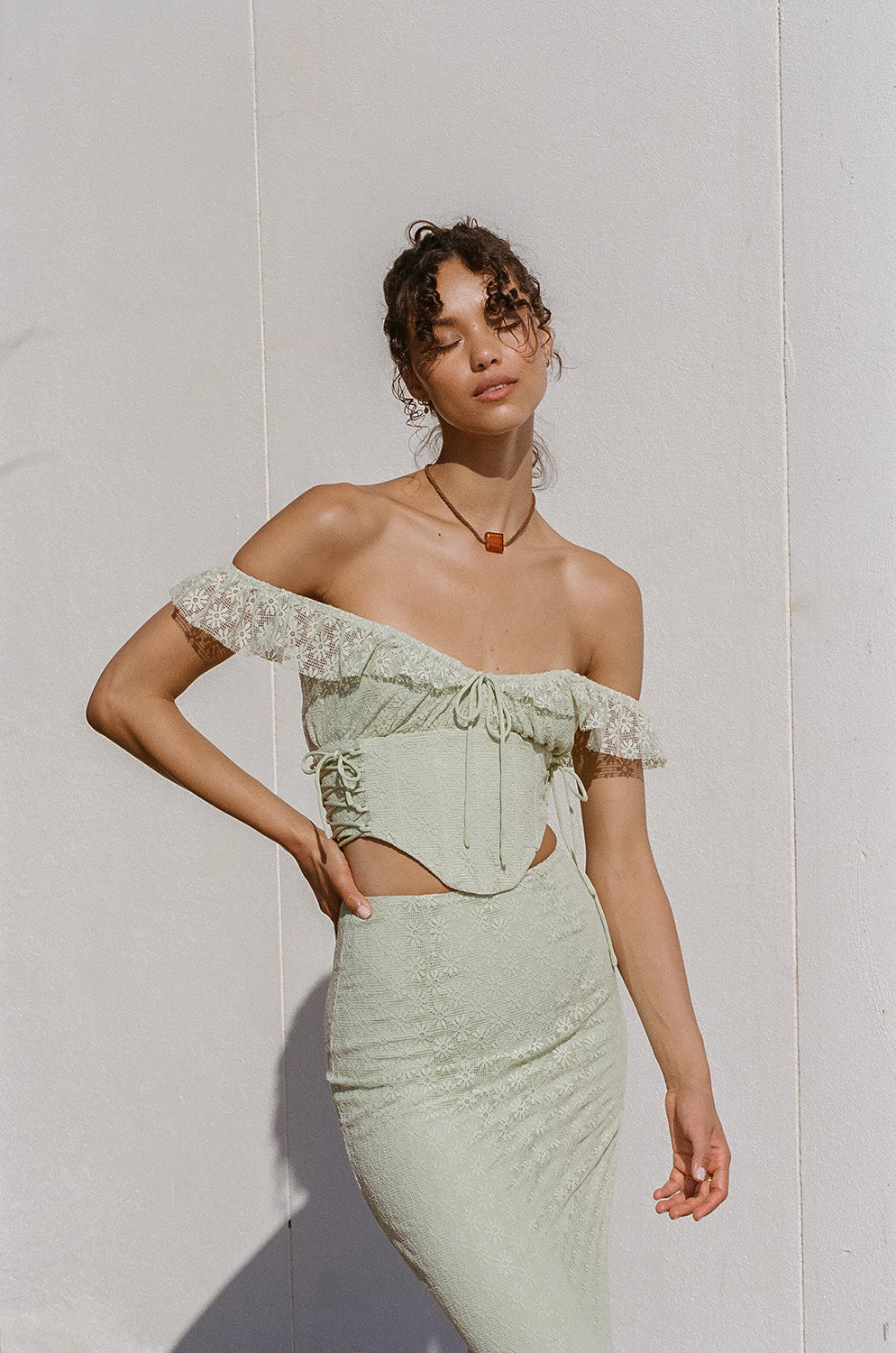 Exquisite Mint Hue Soft Lace Fabric Josa Lace Up Women's Top