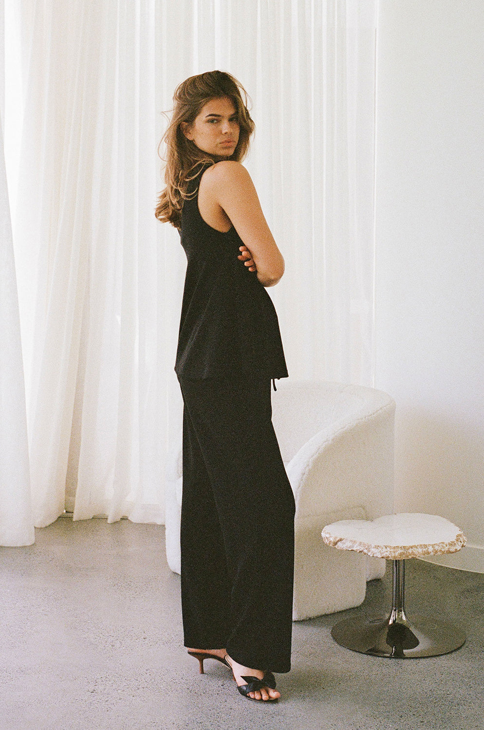 Black Women's Lana Knit Pants - High Waisted with Drawstring