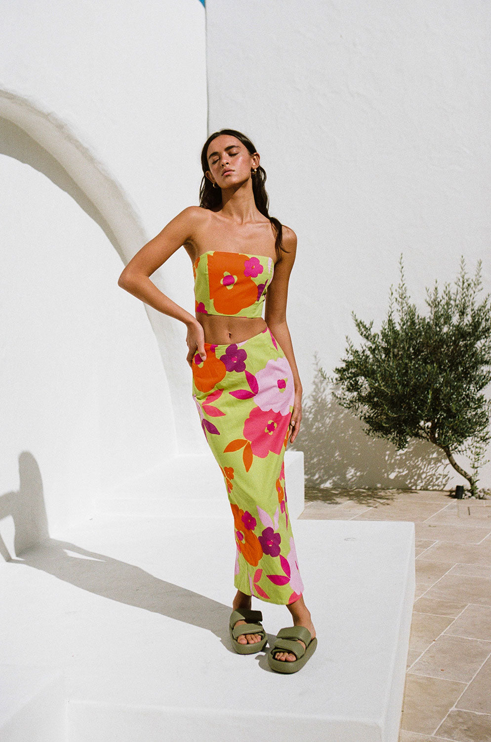 Lime Floral Drea Midi Sample Skirt - Unique Style