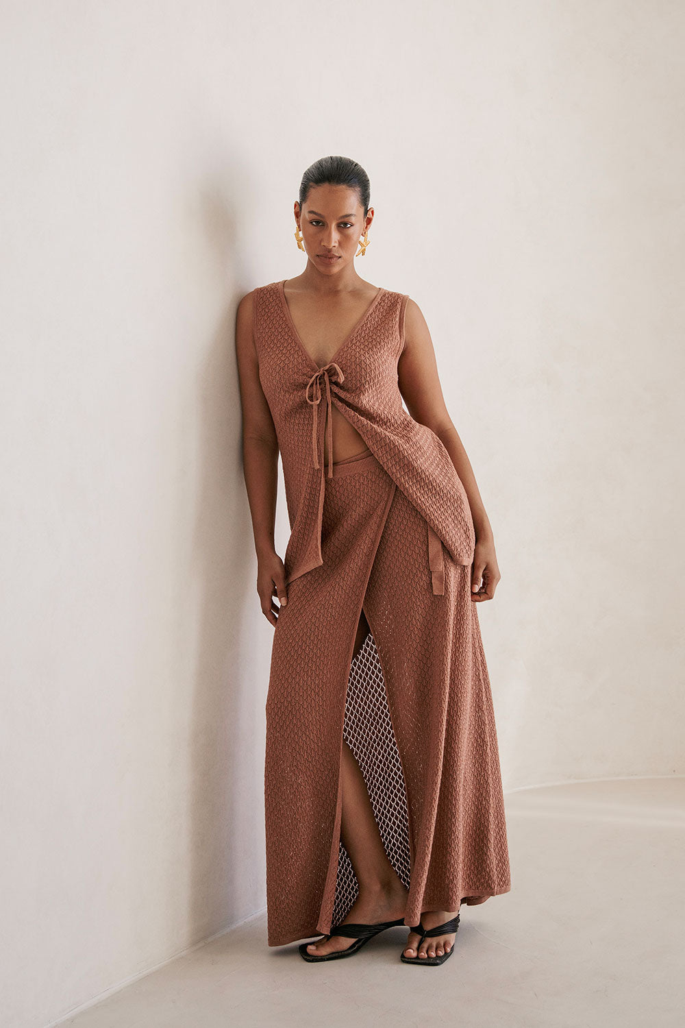 Tan Cotton Blend Pointelle Knit High Waisted Wrap Front Maxi Sonnet Skirt