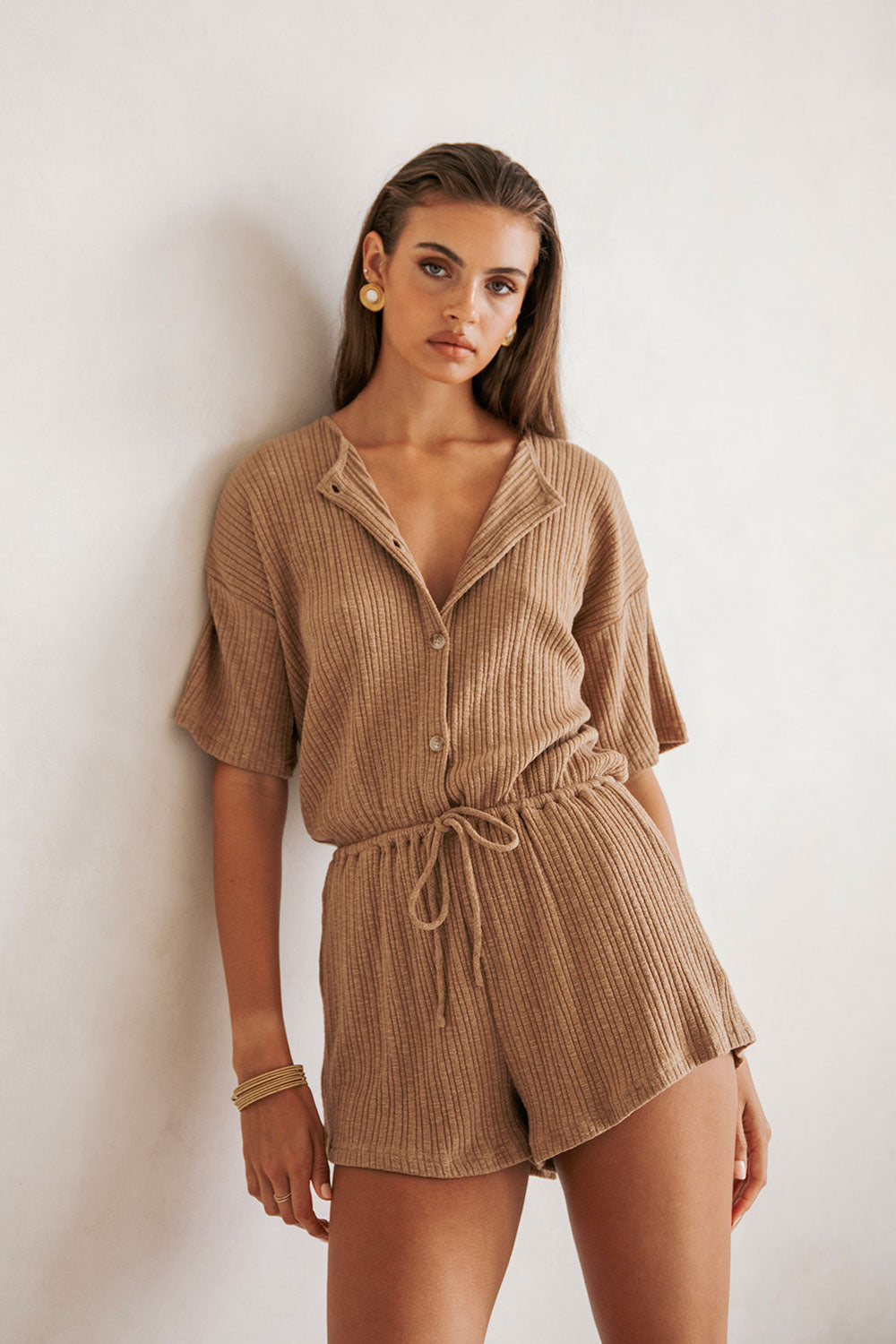 Sabo's Exclusive Juniper Tan Textured Ribbed Biscotti Colored Playsuit for a Comfy and Cute Look