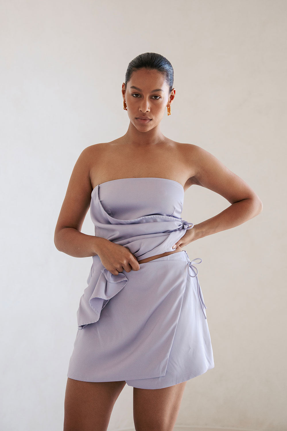 Sabo Exclusive Lilac Matte Silky High-Waisted Wrap Mini Skirt - Kleo