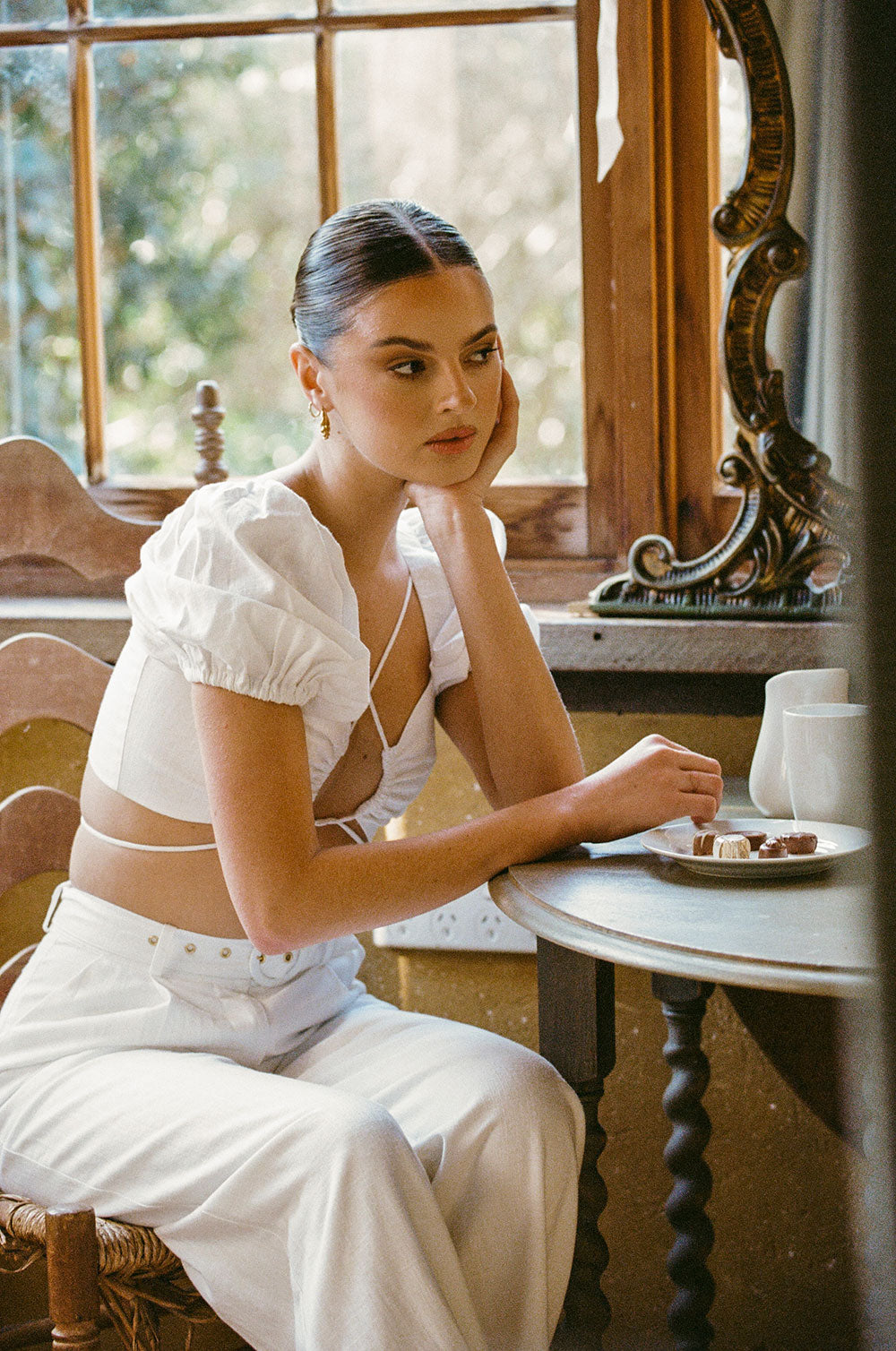 Exclusively Designed Off - White Linen Blend Saylor Top with Tie Details