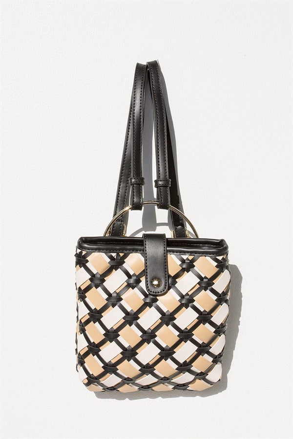 Sabo-Designed Off-White, Beige and Black Woven Vegan Leather Lattice Mini Backpack