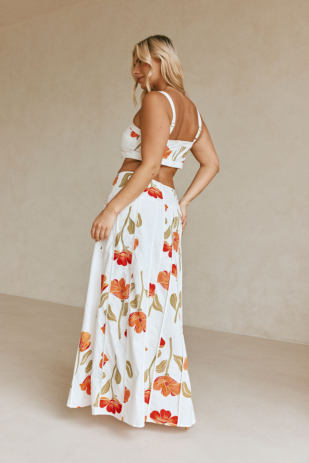 Stylish Estelle Poppy Print High - Waisted Cotton Slub Maxi Skirt