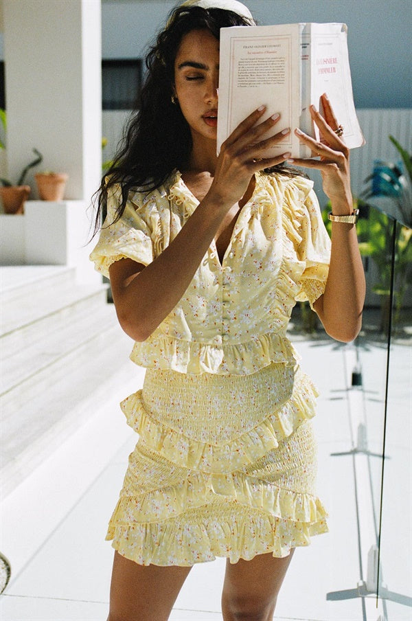 Stylish Yellow Floral Print Shirred High Waisted Zia Skirt
