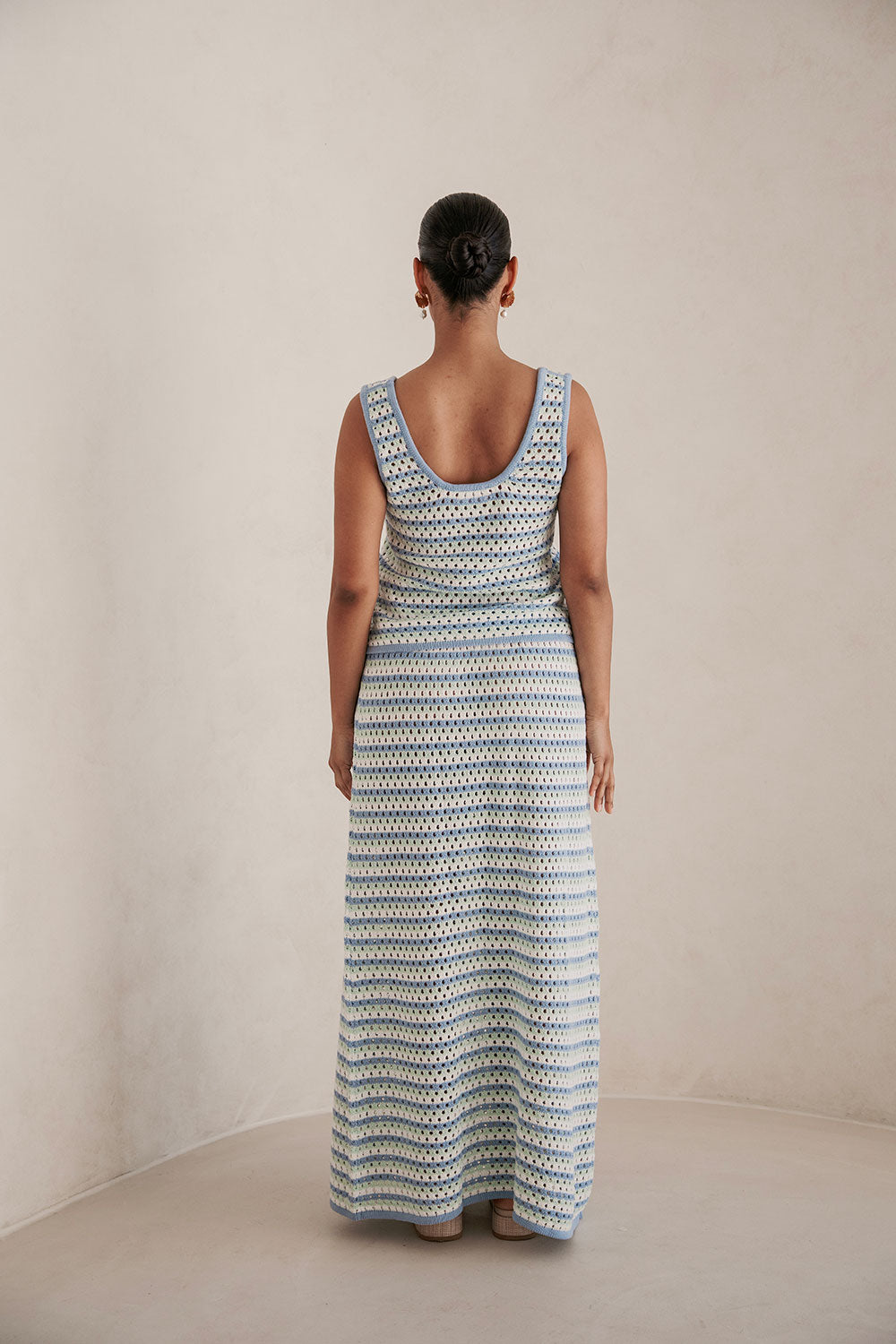 Blue Erin Knit Top with Vintage Charm and Stripe Design
