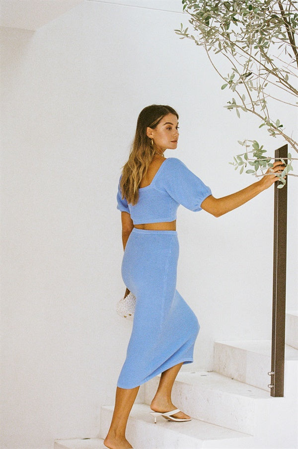Exquisite Blue Graylee Women's Cotton Knit High-Waisted Mid-Calf Skirt