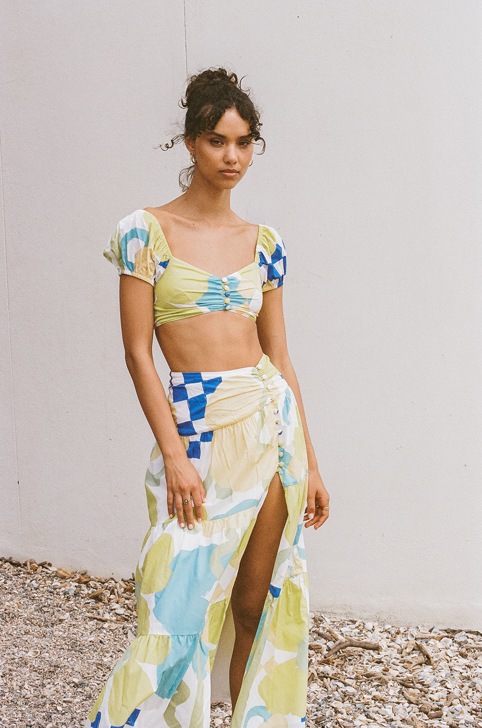 Eye - catching Checker Floral Aliza Cropped Bindi Cotton Voile Top