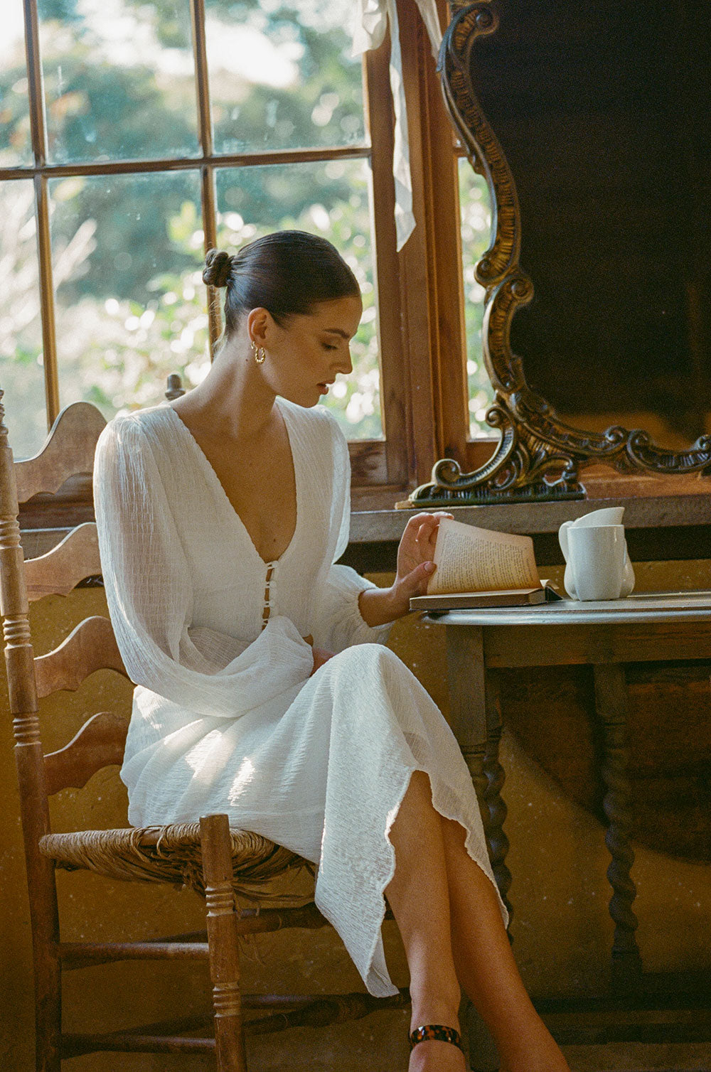 Exclusively Designed Off-White Textured Crepe Tasmin Top with Puff Sleeves