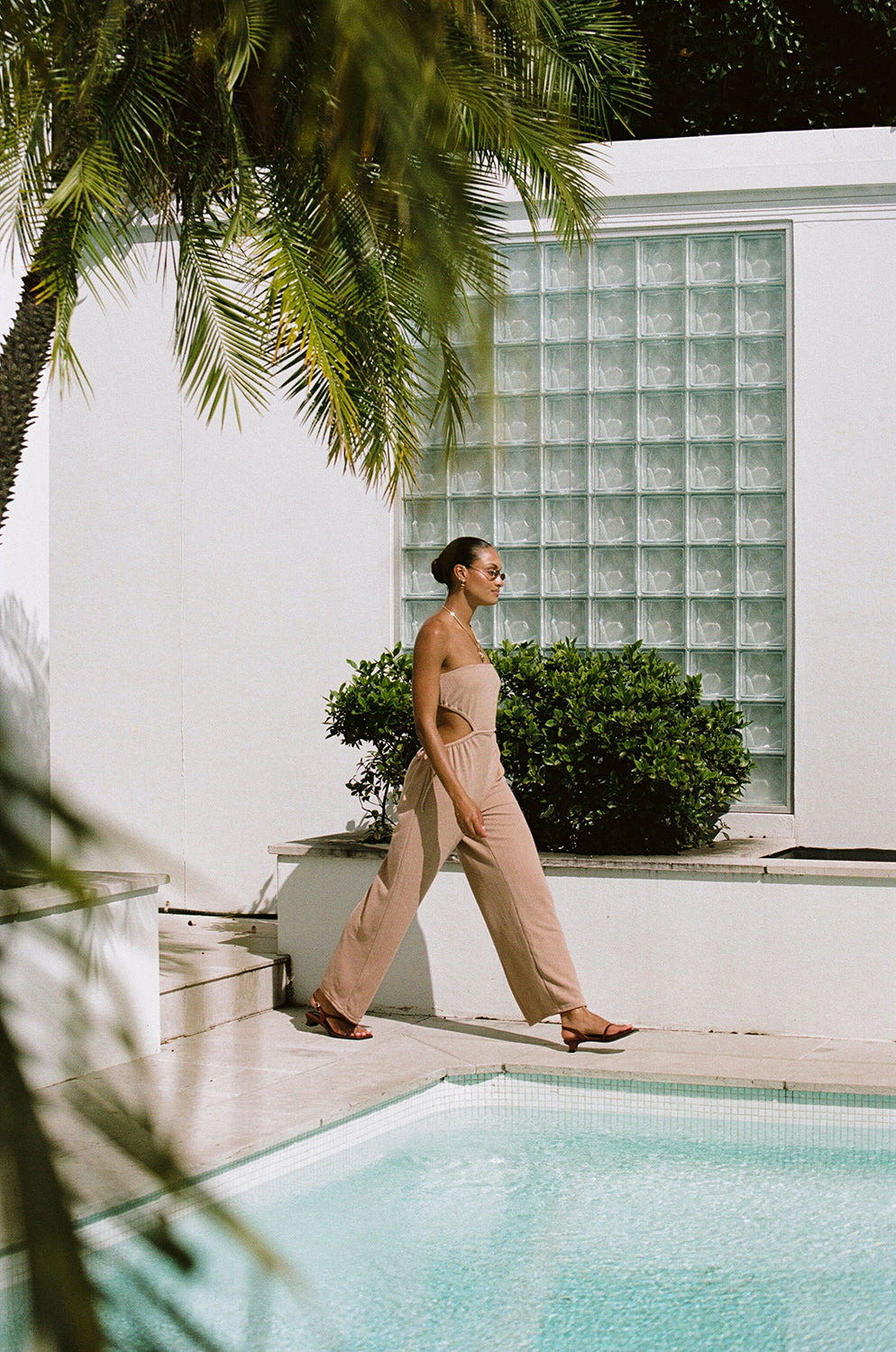 Tan Textured Waffle Fabric Strapless Ezel Women's Jumpsuit